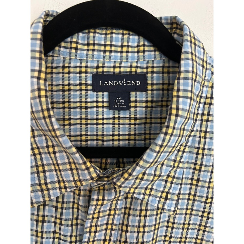 Lands End Mens XXL Plaid Button Down Shirt Blue Yellow Long Sleeve‎ Cotton